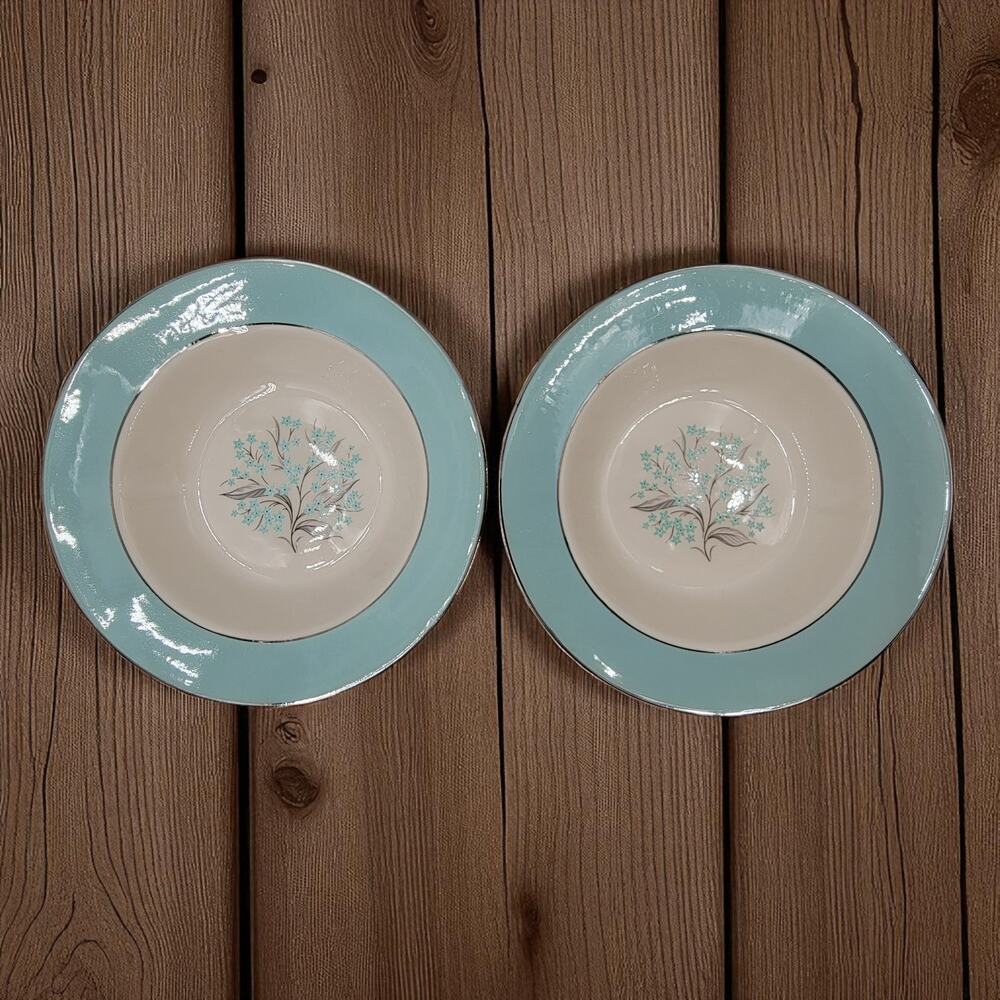 Sevron Powder Blue Lace 8 1/4” Rim Soup Bowl Platinum Silver Trim 1950s Set of 2